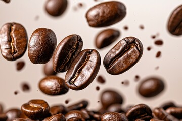 Fototapeta premium Floating coffee beans on a simple PNG background. Stock