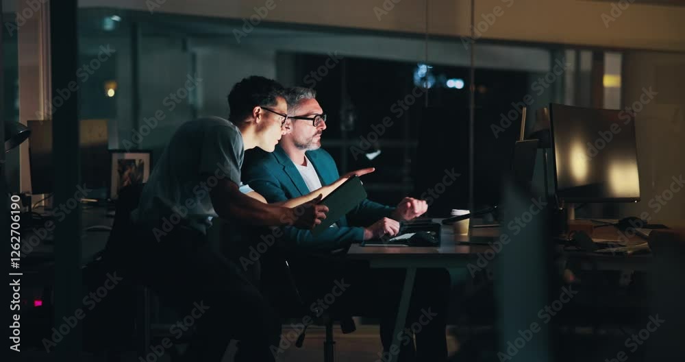 Poster Night, tablet and business men in office with computer for system administration with IT support. Digital technology, deadline and manager with software engineer for advice, help or feedback.