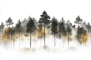 Obraz premium Fog envelops a tranquil pine forest with earthy greens and browns, creating a serene atmosphere