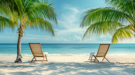 Relaxing holiday image: a deck chair with a towel between two palm trees on a pristine white sand beach, complete with text space.