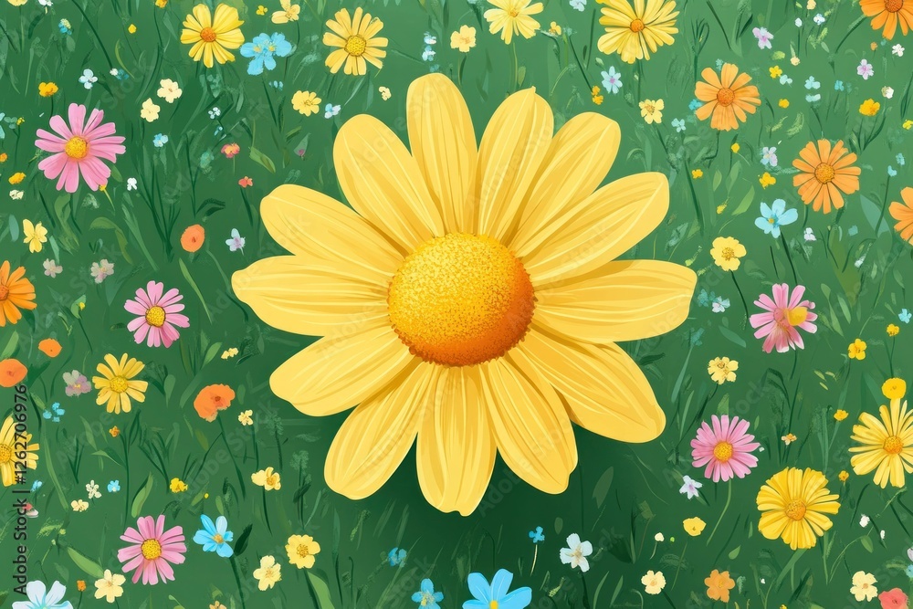 Canvas Prints A vibrant illustration of a single yellow daisy among colorful wildflowers, representing beauty, nature, and the essence of springtime