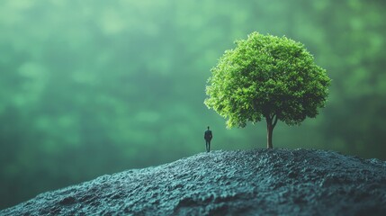 Lone tree on a grassy hill under a blue sky with fluffy white clouds in a serene landscape