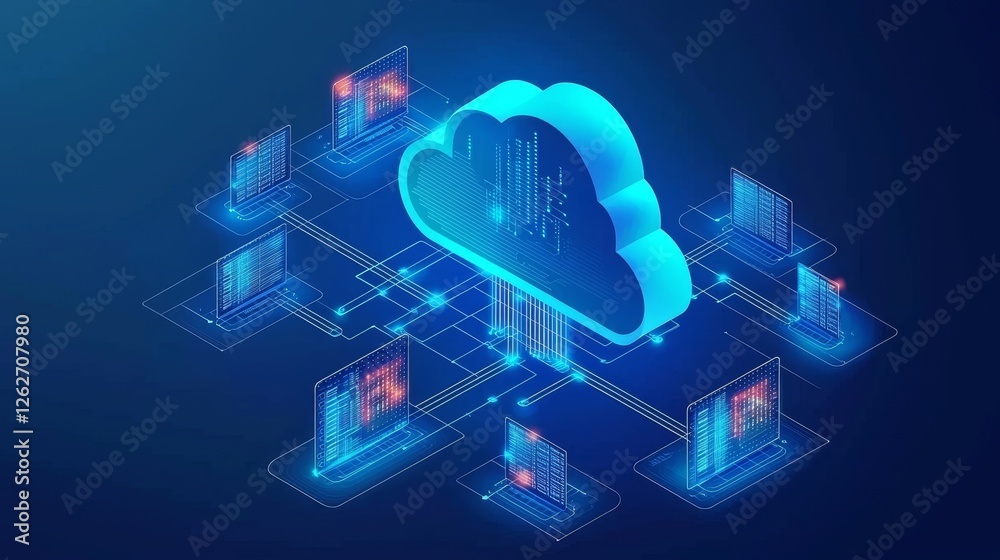 Poster a digital informational technology hologram with a cloud icon and a background of blue and golden li