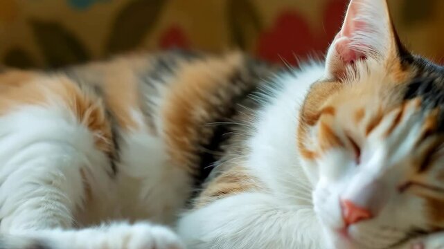 Calico cat peacefully napping on a colorful patterned couch. Sleeping domestic cat. Sunny day pet.