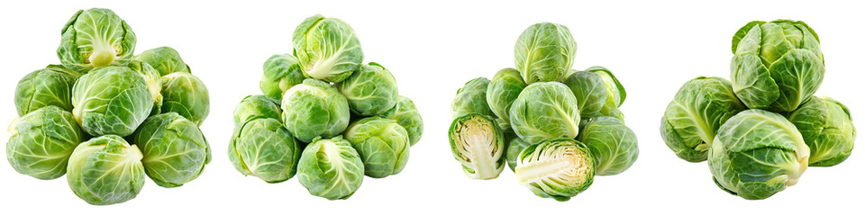 Fototapeta premium Fresh Green Brussels Sprouts Piled, isolated on transparent background.