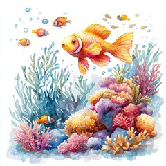 Fototapeta premium A beautiful, colorful underwater watercolor illustration with a deep white background, ideal for print designs.