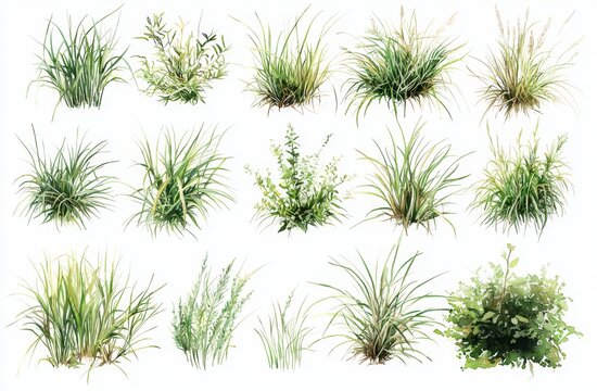 A collection of modern, hand-drawn tropical plant graphics in a minimal style, showcasing watercolor bush and shrub illustrations for architectural and landscape designs.