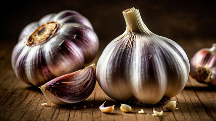 "Artistic Close-Up of Fresh Garlic Bulbs on Rustic Wooden Surface &ndash; Editorial AI Illustration for Culinary and Organic Food Concepts"
