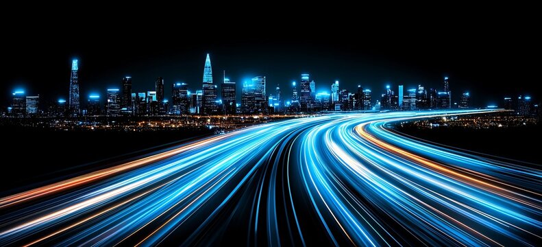 Light blue abstract lines on a black backdrop highlight textured ground, featuring dynamic curves and a blue design. The detailed fractal imagery embodies a science and technology theme