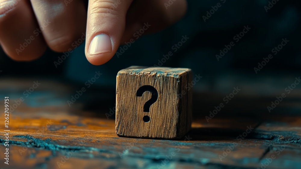 Poster finger pointing at a wooden cube with a question mark carved into it, resting on a rustic wooden tab