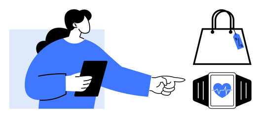 Person using tablet pointing at heart-rate monitor on smartwatch and shopping bag, highlighting technology, health, and shopping. Ideal for e-commerce, digital health, wearable tech, retail, online
