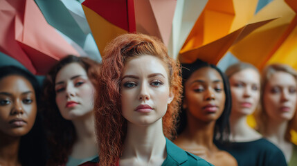 Fototapeta premium A group of diverse women stand together, their forms transforming into intricate origami-like folds of paper, symbolizing both fragility and strength