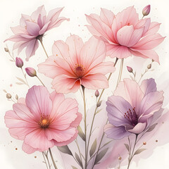 Delicate pink watercolor blossoms arranged on a soft, light backdrop, creating a gentle and romantic floral composition.
