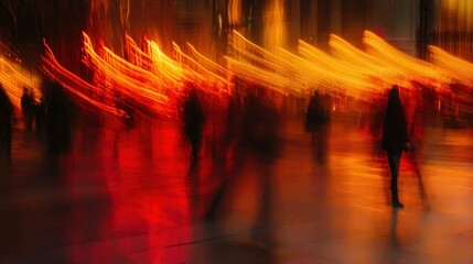 Obraz premium Abstract city lights with blurred motion captures the essence of urban nightlife, featuring warm tones of red and orange reflecting energy and movement