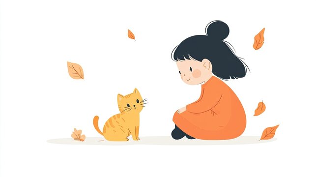 A cute little girl is sitting on the ground playing with her cat, in a simple drawing style, with flat illustration and cartoon characters - Powered by Adobe