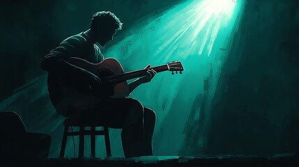 Silhouette Guitarist Teal Lit Dark Room