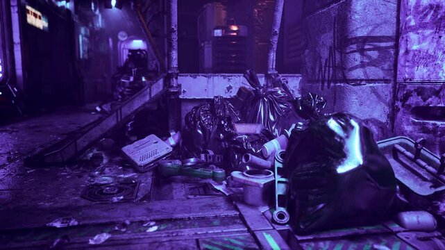 A room filled with various trash items scattered across the floor, creating a cluttered and messy environment.