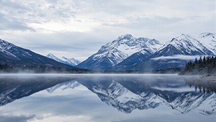 Serene lake mirroring snow capped mountains in a breathtaking natural landscape