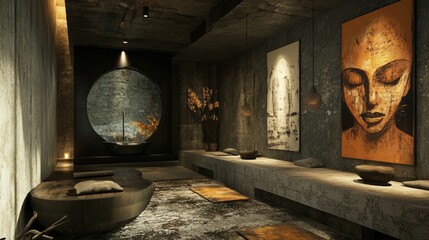 Interior space features artistic decor with natural lighting elements