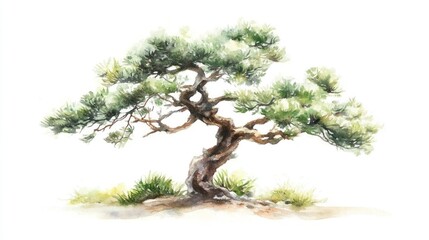 Watercolor Bonsai Pine Tree, Garden, Nature, Serenity