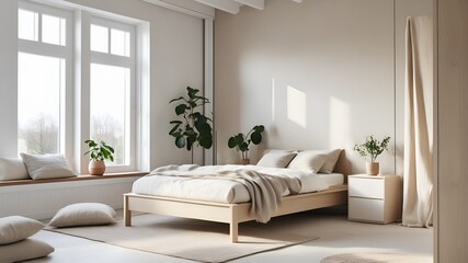 Scandinavian-style bedroom　シンプルで温かみのあるナチュラルな素材と落ち着いたカラーで、心からリラックスできる空間