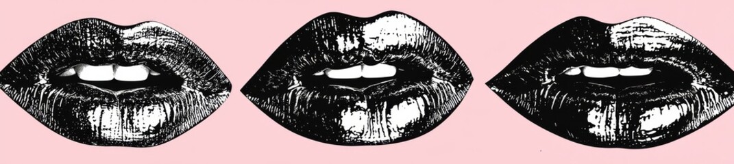 In a mixed media design, a woman's lips are shown kissing, rendered as retro halftone collage cutouts. The close-mouthed kiss is textured with halftone dots in a pop art style. This modern