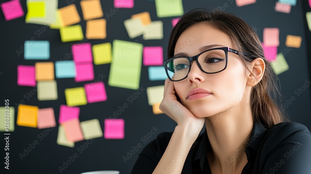 Poster young businesswoman contemplating various choices and directions represented by colorful sticky note