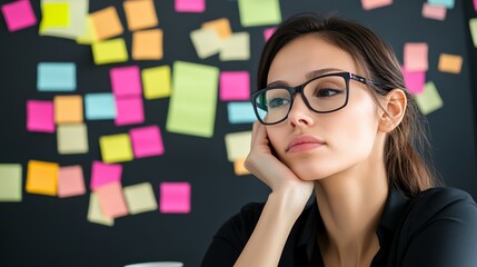 Young businesswoman contemplating various choices and directions represented by colorful sticky notes on a blackboard, embodying decision making and job insecurity