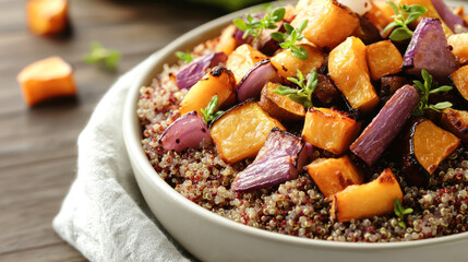 bowl of quinoa topped with roasted vegetables, showcasing vibrant colors and textures, perfect for healthy meal