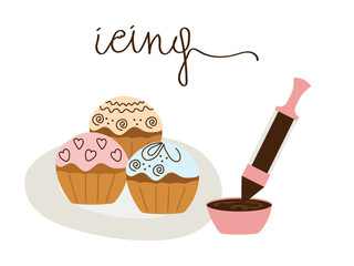 Decorating cupcakes with chocolate icing from a pastry syringe. Cupcakes