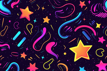 Vibrant seamless pattern featuring glowing stars and colorful abstract shapes, perfect for retro designs and playful backgrounds