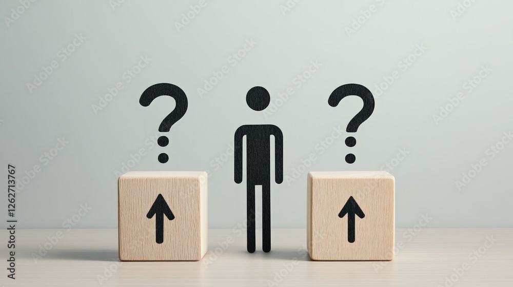 Poster businessman standing between two wooden blocks with upward arrows and question marks above, represen