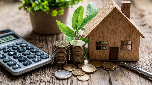 A wooden house, coins stacked, and a calculator with a pen on a wooden desk, illustrating property investment and financial planning for mortgages.