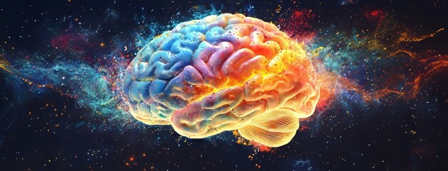 Fototapeta premium A depiction of the human brain overflowing with creativity, showcasing diverse colors and animated movement.