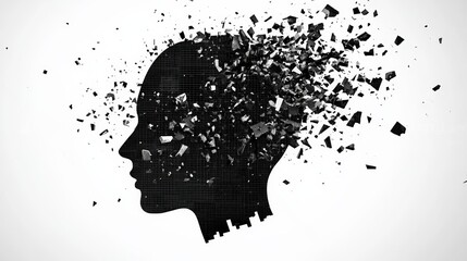 Silhouette of a head disintegrating into pieces, symbolizing mental overload, stress, and burnout. Represents concepts like information overload, migraine, and cognitive strain