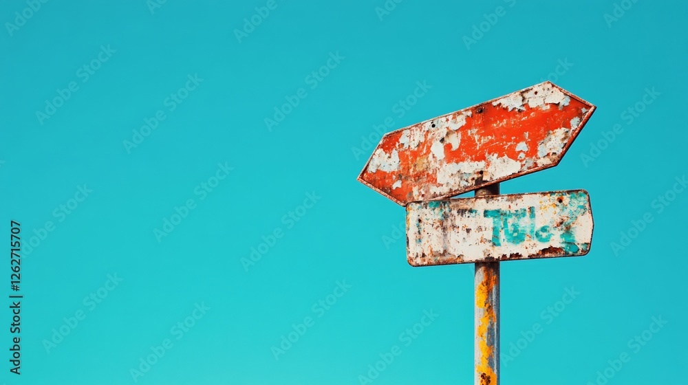 Poster two weathered and rusty road signs pointing in opposite directions under a clear blue sky symbolize 