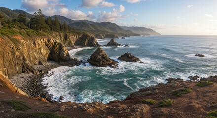 Fototapeta premium Ocean Cliffside Landscape View with Waves Crashing and Distant Mountains