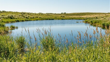 Tranquil lake nestled in a meadow surrounded by tall swaying grasses Ideal for nature and relaxation concepts