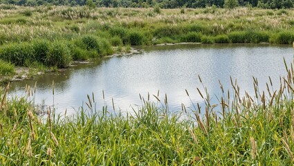 Obraz premium Tranquil lake nestled in a meadow surrounded by tall swaying grasses Ideal for nature and relaxation concepts