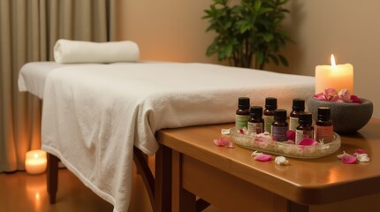 Relaxing massage therapy setup with essential oils and calming ambiance