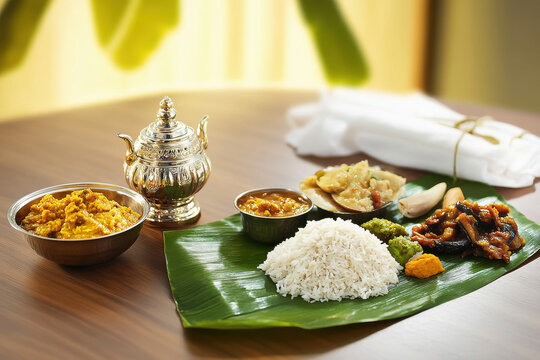 A banana leaf spread with traditional South Indian food, including brown rice and coconut chutney