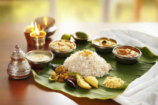 A banana leaf spread with traditional South Indian food, including brown rice and coconut chutney