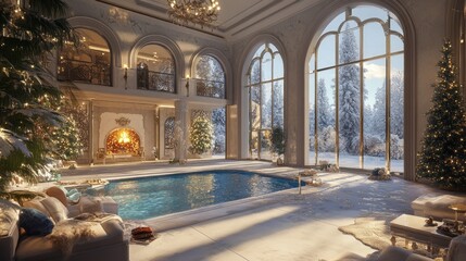Obraz premium Luxurious indoor swimming pool with christmas decorations in winter