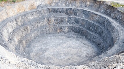 Fototapeta premium Deep terraced open pit mine excavated into the earth under bright daytime light.