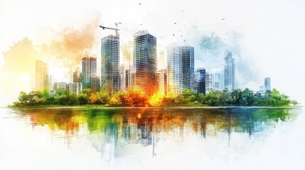 Obraz premium Urban sunrise, waterfront construction, reflection, park