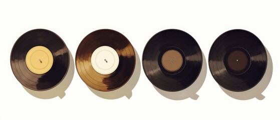 Four Vintage Vinyl Records Overhead View Different Colors Music Background