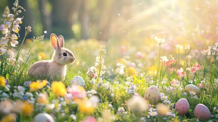 A picturesque meadow bursting with wildflowers in pastel shades, featuring Easter-themed decorations like bunnies and eggs scattered around.