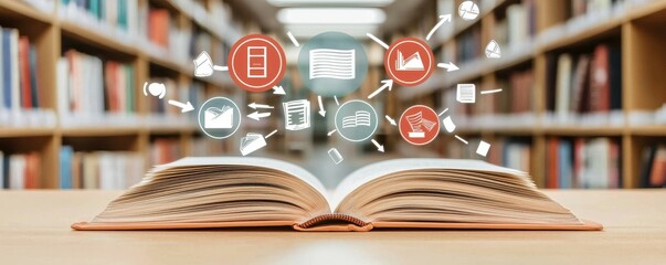 Open Book on Table with Knowledge Sharing and Data Flow Icons in Library Setting