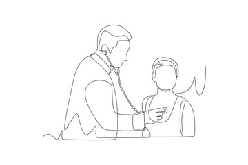 Doctor listens to patient's heartbeat. Listening to a chest concept one-line drawing