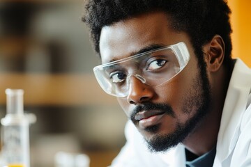 A scientist in a laboratory conducting an experiment - the scientist wearing a lab coat and safety goggles.